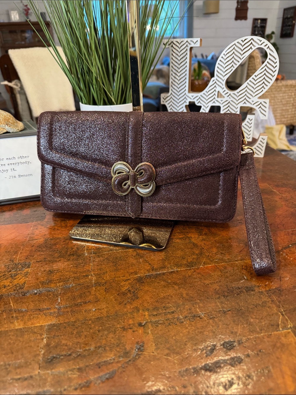 RADLEY LONDON Maroon Glitter Wristlet Clutch with Gold-Tone Clasp